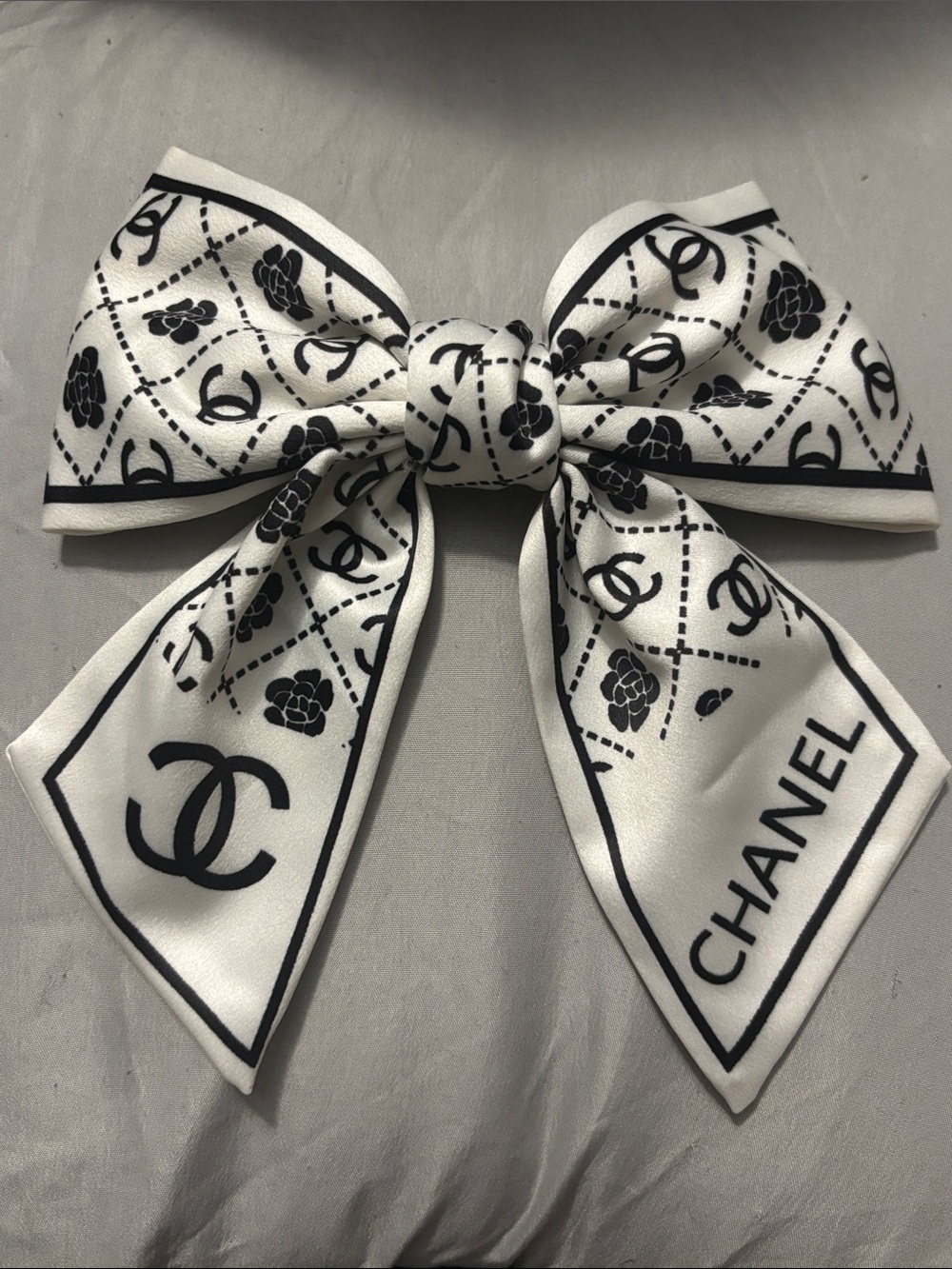CHANEL Black and White Logo & Camellia Bow Hair Accessory